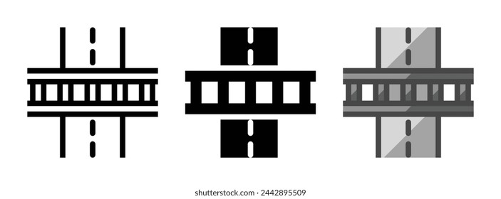 Multipurpose railroad crossing vector icon in outline, glyph, filled outline style. Three icon style variants in one pack.