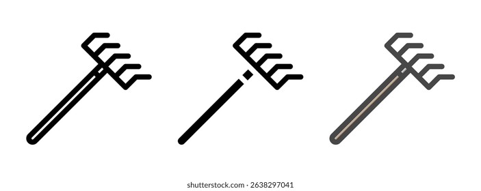 Multipurpose rake vector icon in outline, glyph, filled outline style. Three icon style variants in one pack.