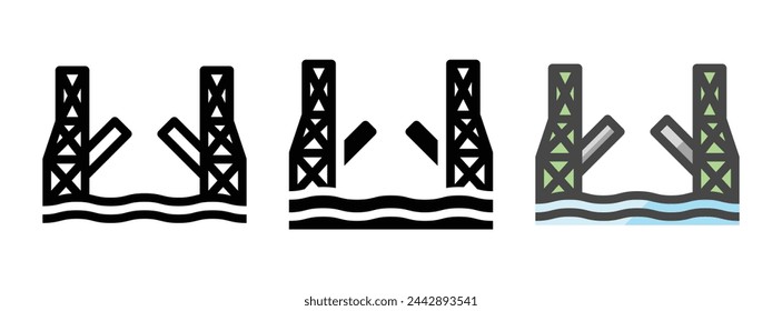 Icono de vector de puente retráctil multipropósito en estilo de contorno, glifo, contorno relleno. Tres variantes de estilo de icono en un paquete.