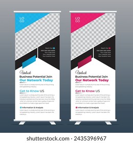 Diseño de pancarta de paquete multiusos con acento azul y rosa