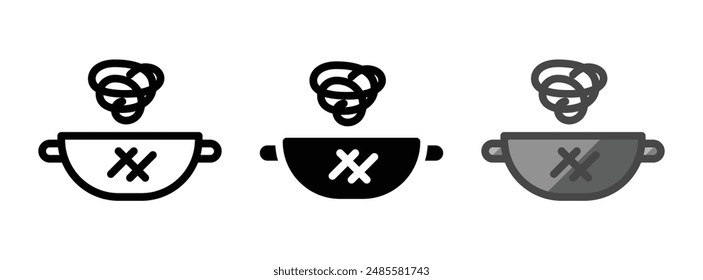 Multipurpose scorched pan vector icon in outline, glyph, filled outline style. Three icon style variants in one pack.