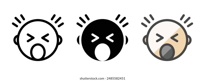 Multipurpose scream vector icon in outline, glyph, and filled outline style on white background.
