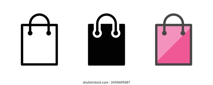 Icono de vector de bolsa de compras multiusos en contorno, glifo, estilo de contorno relleno. Tres variantes de estilo de icono en un paquete.