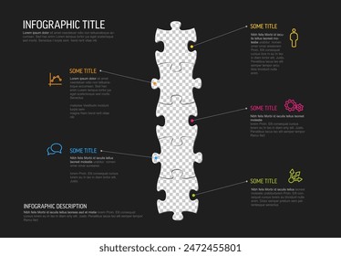 Multipurpose Simple infographic with five puzzle elements as photo placeholders some descriptions and icons. Creative infographic with puzzle elements on dark background.