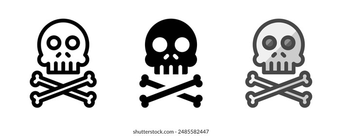 Multipurpose skull vector icon in outline, glyph, and filled outline style on white background.