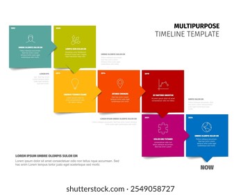 Multipurpose square blocks time line template with sample text content and icons on white background. Simple infochart for company history visualization