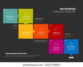 Multipurpose square blocks time line template with sample text content and icons on dark gray background. Simple infochart for company history visualization