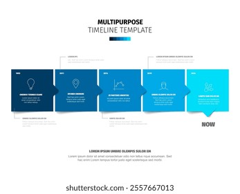 Multipurpose square blue blocks time line template with sample text content and icons on white background. Simple infochart for company history visualization