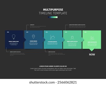 Multipurpose square green blocks time line template with sample text content and icons on black background. Simple infochart for company history visualization