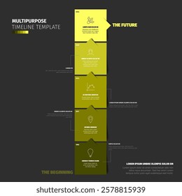 Multipurpose square green blocks time line template with sample text content and icons on black background. Simple straight vertical infochart for company history visualization