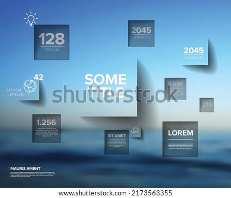 Multipurpose square infographic made from content squares overlays with icons numbers and texts and a background photo placeholder