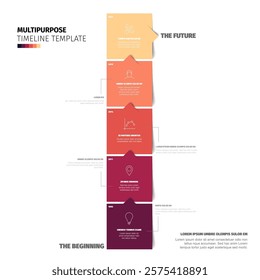 Multipurpose square red to yellow blocks time line template with sample text content and icons on white background. Simple straight vertical infochart for company history visualization