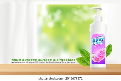 Multipurpose surface disinfectant ad. Natural extracts kill germs, protect your family with the fragrance of natural flowers. Realistic file.