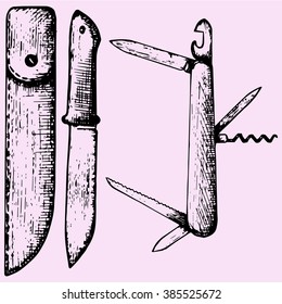 Multipurpose swiss folding knife holster set doodle style sketch illustration hand drawn vector