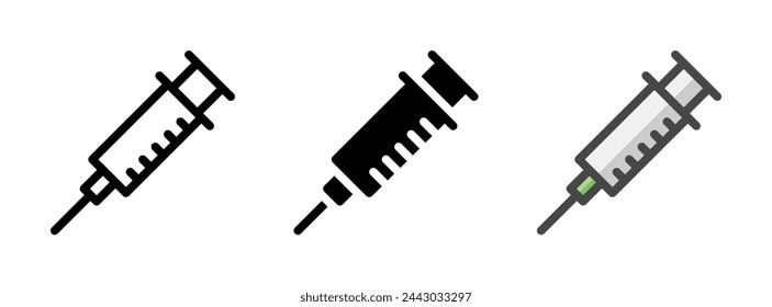 Multipurpose syringe vector icon in outline, glyph, filled outline style. Three icon style variants in one pack.