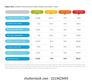 Multipurpose table layout template with nice minimalistic design - color version with rounded corners and pointers