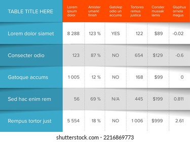 Multipurpose table layout template with nice minimalistic design - color version with shadow rows and blue and red accent legend