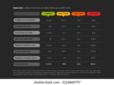 Multipurpose table layout template with nice minimalistic design - color version with rounded corners and pointers on dark gray background