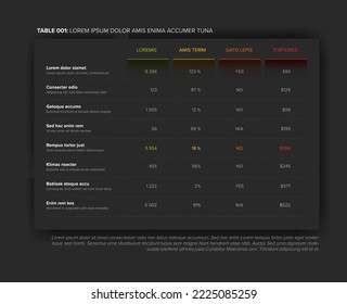 Multipurpose table layout template with nice minimalistic design - dark  color version with dotted lines, and small shadow around the table