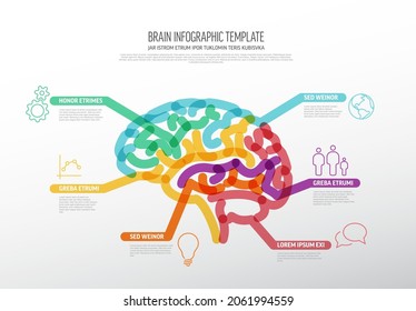 Multipurpose thick line infographic template with human brain and several elements. Vivid marker color infochart concept illustration with some element items