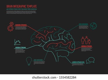 Multipurpose thin line infographic template with human brain and several elements - dark version