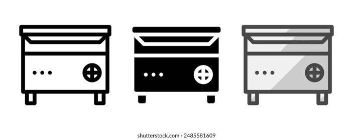 Icono de Vector de sartén inclinable multiuso en estilo de contorno, glifo y contorno relleno. Tres variantes de estilo de icono en un paquete.