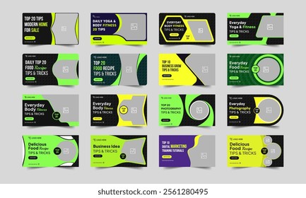 Multipurpose tips and tricks video thumbnail banner design, daily exercise, food recipe, marketing techniques video cover banner design, bundle video thumbnail banner design, vector eps 10 file format