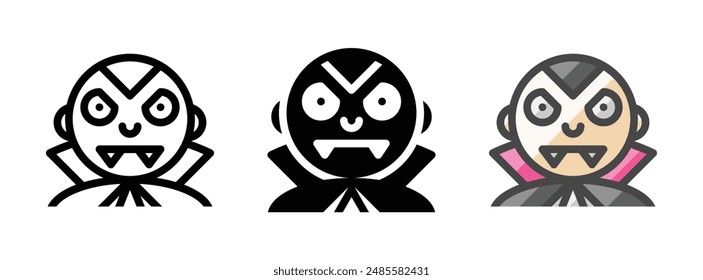 Multipurpose vampire vector icon in outline, glyph, and filled outline style on white background.