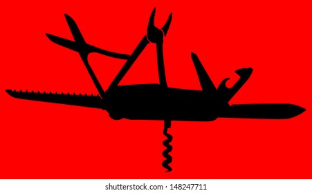 multipurpose vector illustration of knife, black shiluette, isolated on red background 