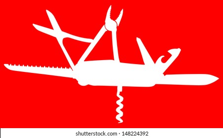 multipurpose vector illustration of knife, white shiluette, isolated on red background 