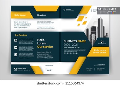 Multipurpose vector layout template of front and back booklet cover, pamphlet, bi-fold brochure. Design background  with yellow geometric elements. Size A4 and cmyk color.