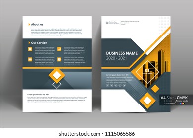 Multipurpose vector layout template of front and back booklet cover, pamphlet, bi-fold brochure. Design background  with yellow geometric elements. Size A4 and cmyk color.
