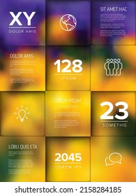 Multipurpose vertical mosaic infographic made from content squares with icons numbers and texts and a background photo placeholder