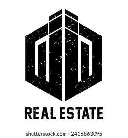 Estilo de vintage multipropósito forma poligonal silueta inmobiliaria plantilla de diseño de logotipo de iconos. Grunge textura. Logo negro inmobiliario. Ilustración vectorial con fondo blanco.