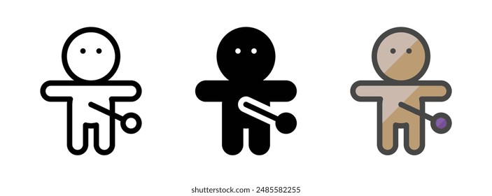 Multipurpose voodoo doll vector icon in outline, glyph, and filled outline style on white background.