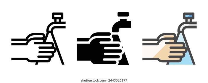Icono vectorial de manos de lavado multipropósito en contorno, glifo, estilo de contorno relleno. Tres variantes de estilo de icono en un paquete.
