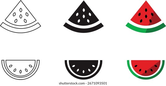 Icono de Vector de sandía multipropósito en contorno, glifo, sandía png, estilo de contorno relleno. Tres variantes del estilo del icono en un paquete, Ilustración vectorial