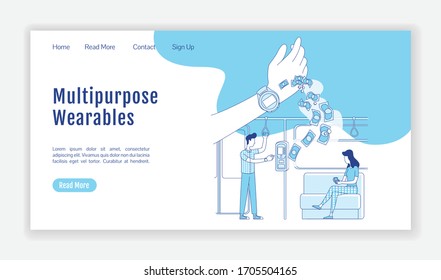 Plantilla vectorial plana de silueta plana de página de aterrizaje de uso múltiple. Diseño de página de inicio de Smart Watch. NFC paga la interfaz de un sitio web de una página con el personaje de un esquema de dibujos animados. Banner web del sistema sin efectivo, página web