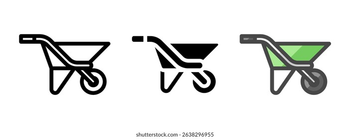 Multipurpose wheelbarrow vector icon in outline, glyph, filled outline style. Three icon style variants in one pack.