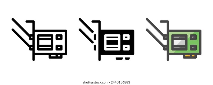 Icono de vector de tarjeta wifi multipropósito en contorno, glifo, estilo de contorno relleno. Tres variantes de estilo de icono en un paquete.