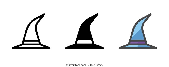 Multipurpose witch hat vector icon in outline, glyph, and filled outline style on white background.