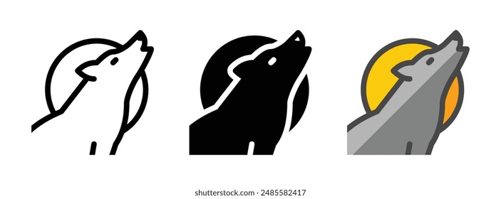 Icono de Vector de lobo multipropósito en contorno, glifo y estilo de contorno relleno sobre fondo blanco.