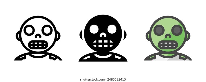 Multipurpose zombie vector icon in outline, glyph, and filled outline style on white background.