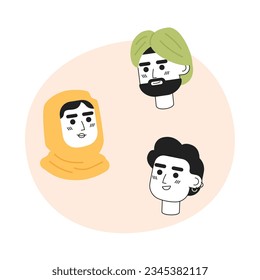 Multiraced people monochrome concept vector spot illustration. Muslim indian and african american 2D flat bw cartoon characters for web UI design. Isolated editable hand drawn hero image