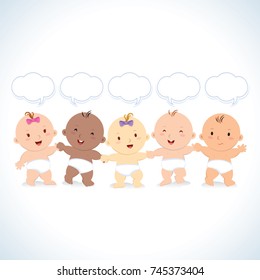 Multiracial babies with speech bubbles. Interracial group of babies and toddlers holding hands.