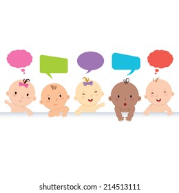 Multiracial babies with speech bubbles. Vector illustration of group of happy babies.