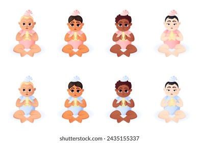 Bebés multirraciales. Ilustración vectorial de un grupo de niños y niñas felices. Niño sentado y sosteniendo la estrella. Estilo de dibujos animados.