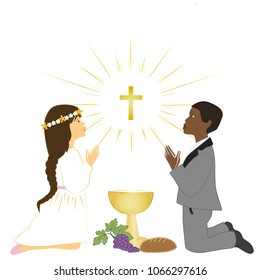 Multiracial boy and girl praying on knees and receives Eucharist.