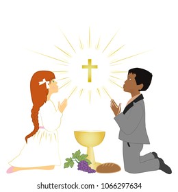 Multiracial boy and girl praying on knees and receives Eucharist.