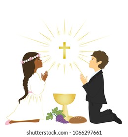Multiracial boy and girl praying on knees and receives Eucharist.